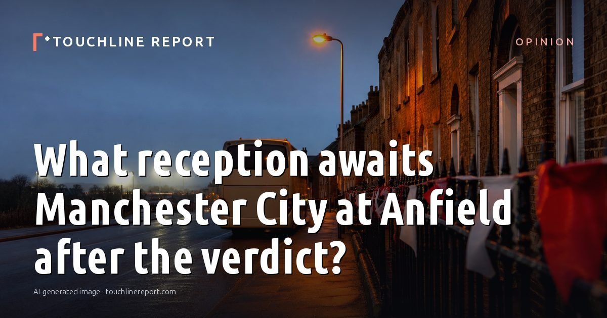 Illustration for the Opinion article “What reception awaits Manchester City at Anfield after the verdict?”: an AI-generated editorial illustration showing an empty training ground at dawn with cones and markers laid out, with the headline set over it. Illustrative only, not a photograph of a real event.