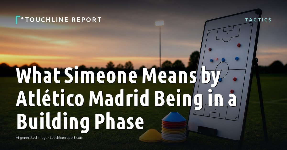 Illustration for the Tactics article “What Simeone Means by Atlético Madrid Being in a Building Phase”: an AI-generated editorial illustration showing a scene illustrating the subject of the article, with the headline set over it. Illustrative only, not a photograph of a real event.