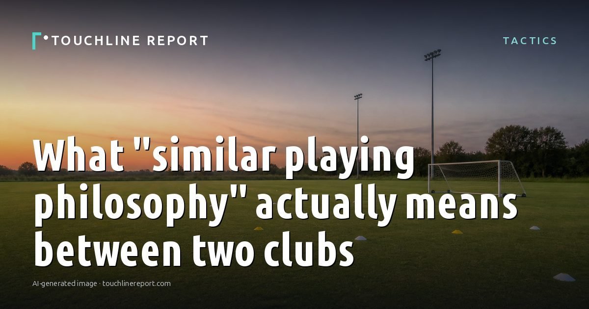 Illustration for the Tactics article “What "similar playing philosophy" actually means between two clubs”: an AI-generated editorial illustration showing a scene illustrating the subject of the article, with the headline set over it. Illustrative only, not a photograph of a real event.