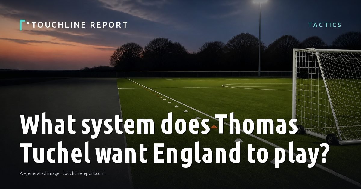 Illustration for the Tactics article “What system does Thomas Tuchel want England to play?”: an AI-generated editorial illustration showing an empty training ground at dawn with cones and markers laid out, with the headline set over it. Illustrative only, not a photograph of a real event.