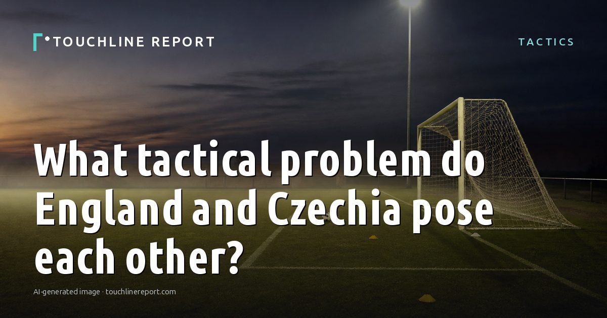 Illustration for the Tactics article “What tactical problem do England and Czechia pose each other?”: an AI-generated editorial illustration showing an empty training ground at dawn with cones and markers laid out, with the headline set over it. Illustrative only, not a photograph of a real event.