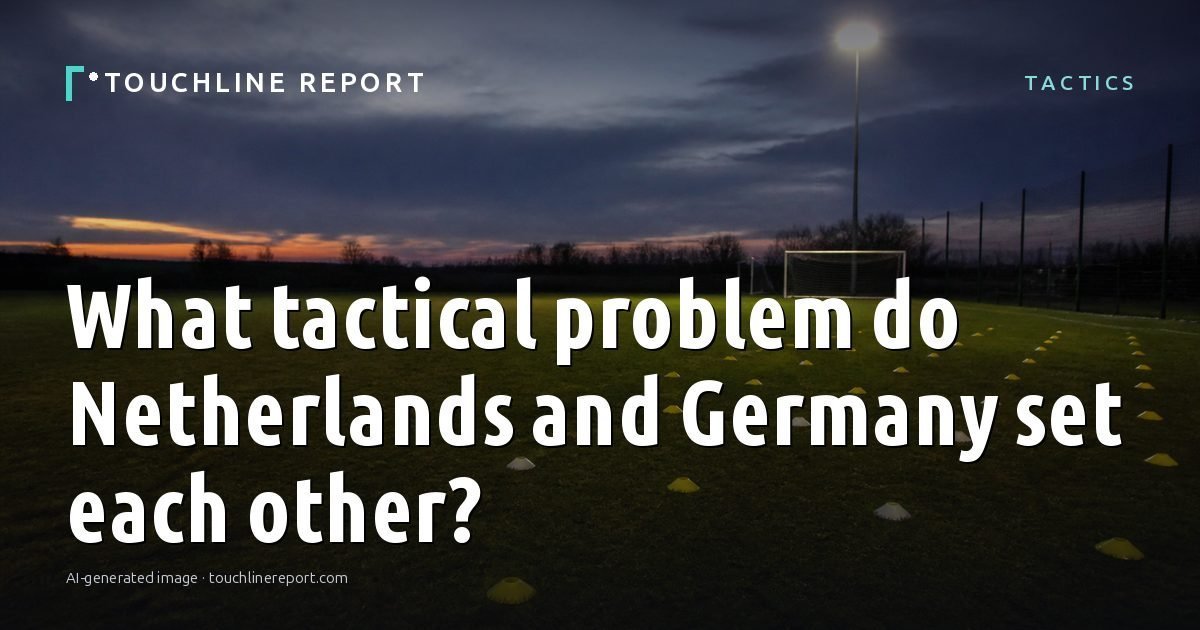 Illustration for the Tactics article “What tactical problem do Netherlands and Germany set each other?”: an AI-generated editorial illustration showing an empty training ground at dawn with cones and markers laid out, with the headline set over it. Illustrative only, not a photograph of a real event.