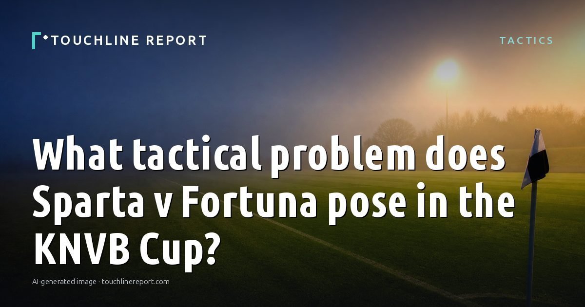 Illustration for the Tactics article “What tactical problem does Sparta v Fortuna pose in the KNVB Cup?”: an AI-generated editorial illustration showing an empty training ground at dawn with cones and markers laid out, with the headline set over it. Illustrative only, not a photograph of a real event.