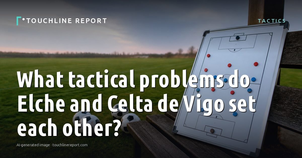 Illustration for the Tactics article “What tactical problems do Elche and Celta de Vigo set each other?”: an AI-generated editorial illustration showing a scene illustrating the subject of the article, with the headline set over it. Illustrative only, not a photograph of a real event.