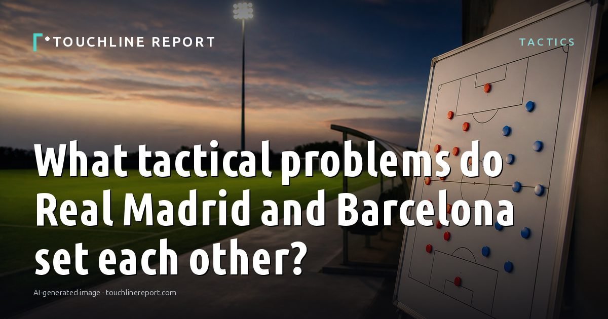 Illustration for the Tactics article “What tactical problems do Real Madrid and Barcelona set each other?”: an AI-generated editorial illustration showing an empty training ground at dawn with cones and markers laid out, with the headline set over it. Illustrative only, not a photograph of a real event.