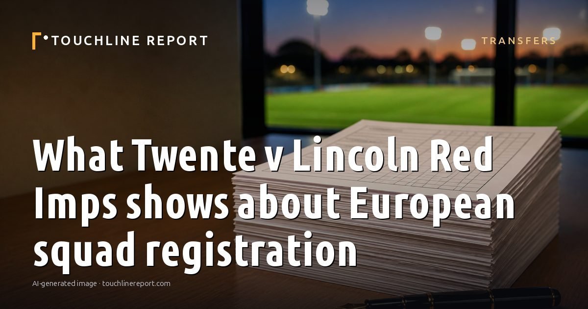 Illustration for the Transfers article “What Twente v Lincoln Red Imps shows about European squad registration”: an AI-generated editorial illustration showing an empty training ground at dawn with cones and markers laid out, with the headline set over it. Illustrative only, not a photograph of a real event.