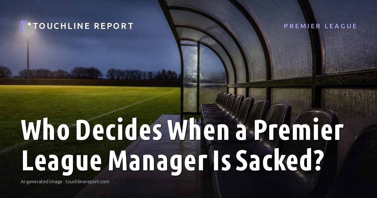 Illustration for the Premier League article “Who Decides When a Premier League Manager Is Sacked?”: an AI-generated editorial illustration showing an empty training ground at dawn with cones and markers laid out, with the headline set over it. Illustrative only, not a photograph of a real event.