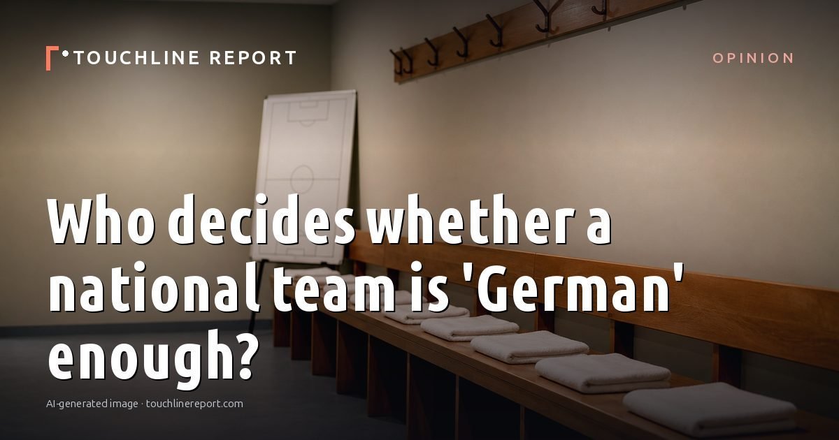 Illustration for the Opinion article “Who decides whether a national team is 'German' enough?”: an AI-generated editorial illustration showing an empty training ground at dawn with cones and markers laid out, with the headline set over it. Illustrative only, not a photograph of a real event.
