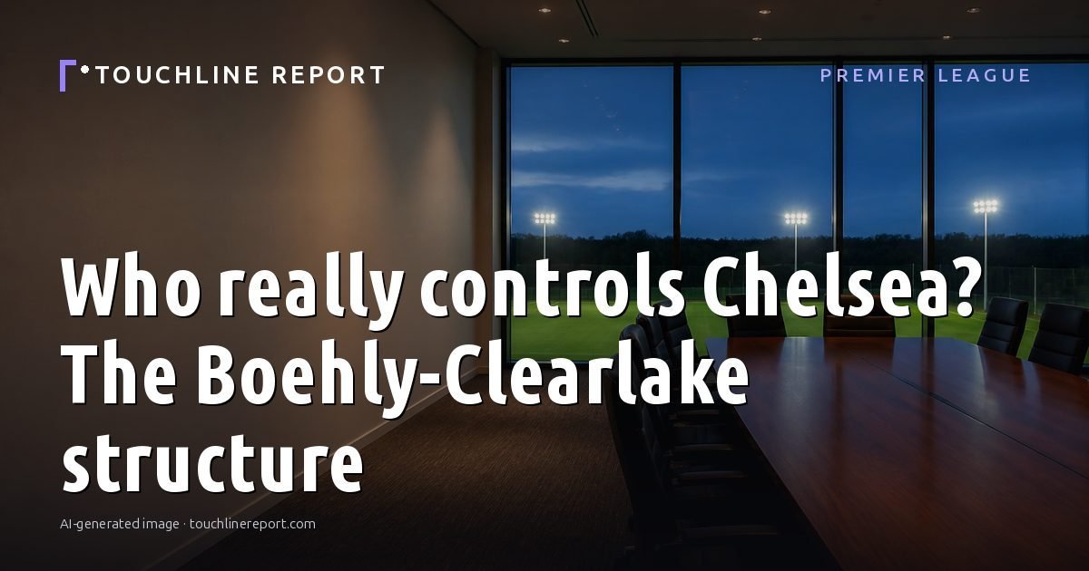 Illustration for the Premier League article “Who really controls Chelsea? The Boehly-Clearlake structure”: an AI-generated editorial illustration showing a scene illustrating the subject of the article, with the headline set over it. Illustrative only, not a photograph of a real event.