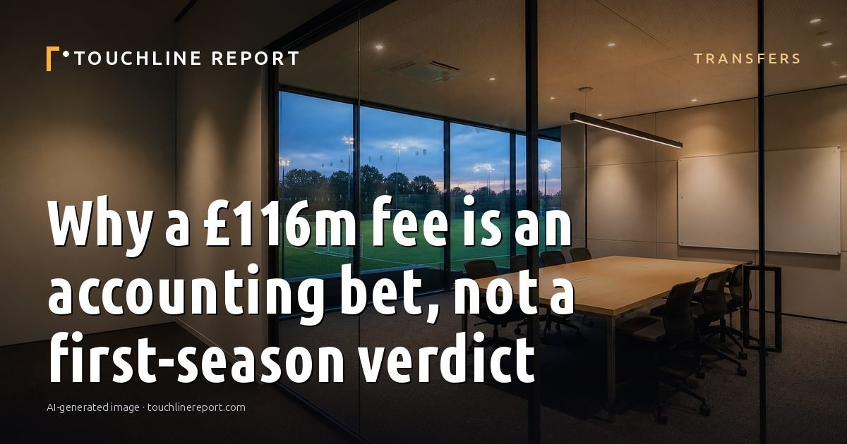 Illustration for the Transfers article “Why a £116m fee is an accounting bet, not a first-season verdict”: an AI-generated editorial illustration showing an empty training ground at dawn with cones and markers laid out, with the headline set over it. Illustrative only, not a photograph of a real event.