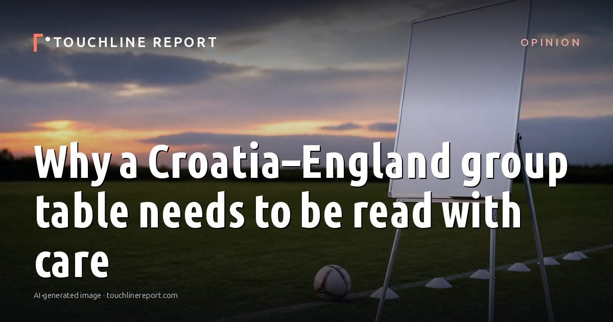 Illustration for the Opinion article “Why a Croatia–England group table needs to be read with care”: an AI-generated editorial illustration showing an empty training ground at dawn with cones and markers laid out, with the headline set over it. Illustrative only, not a photograph of a real event.