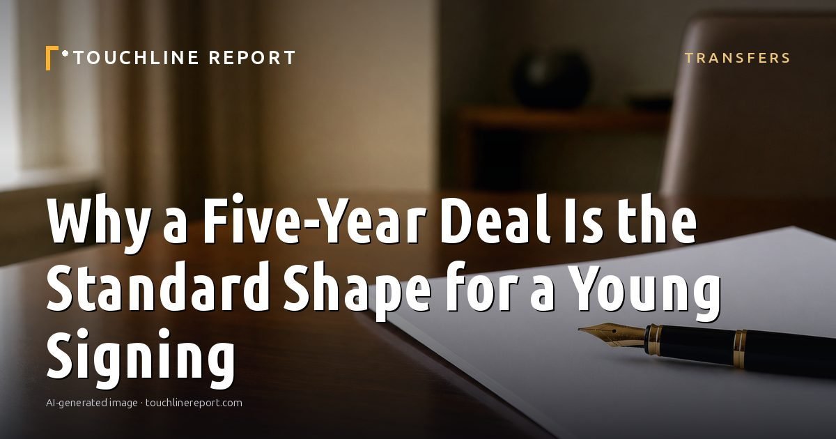 Illustration for the Transfers article “Why a Five-Year Deal Is the Standard Shape for a Young Signing”: an AI-generated editorial illustration showing a scene illustrating the subject of the article, with the headline set over it. Illustrative only, not a photograph of a real event.