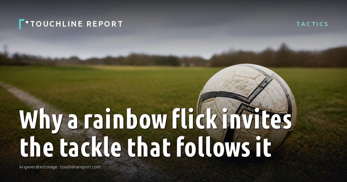 Illustration for the Tactics article “Why a rainbow flick invites the tackle that follows it”: an AI-generated editorial illustration showing a scene illustrating the subject of the article, with the headline set over it. Illustrative only, not a photograph of a real event.