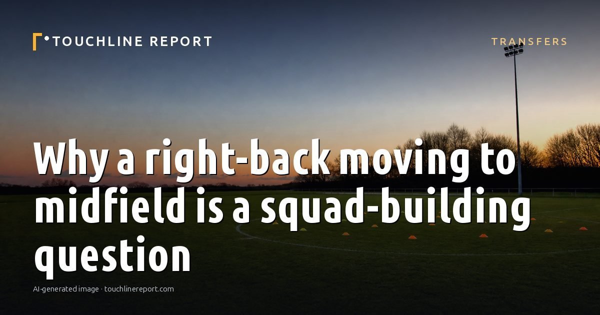 Illustration for the Transfers article “Why a right-back moving to midfield is a squad-building question”: an AI-generated editorial illustration showing a scene illustrating the subject of the article, with the headline set over it. Illustrative only, not a photograph of a real event.