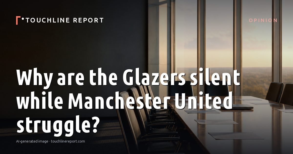 Illustration for the Opinion article “Why are the Glazers silent while Manchester United struggle?”: an AI-generated editorial illustration showing an empty training ground at dawn with cones and markers laid out, with the headline set over it. Illustrative only, not a photograph of a real event.