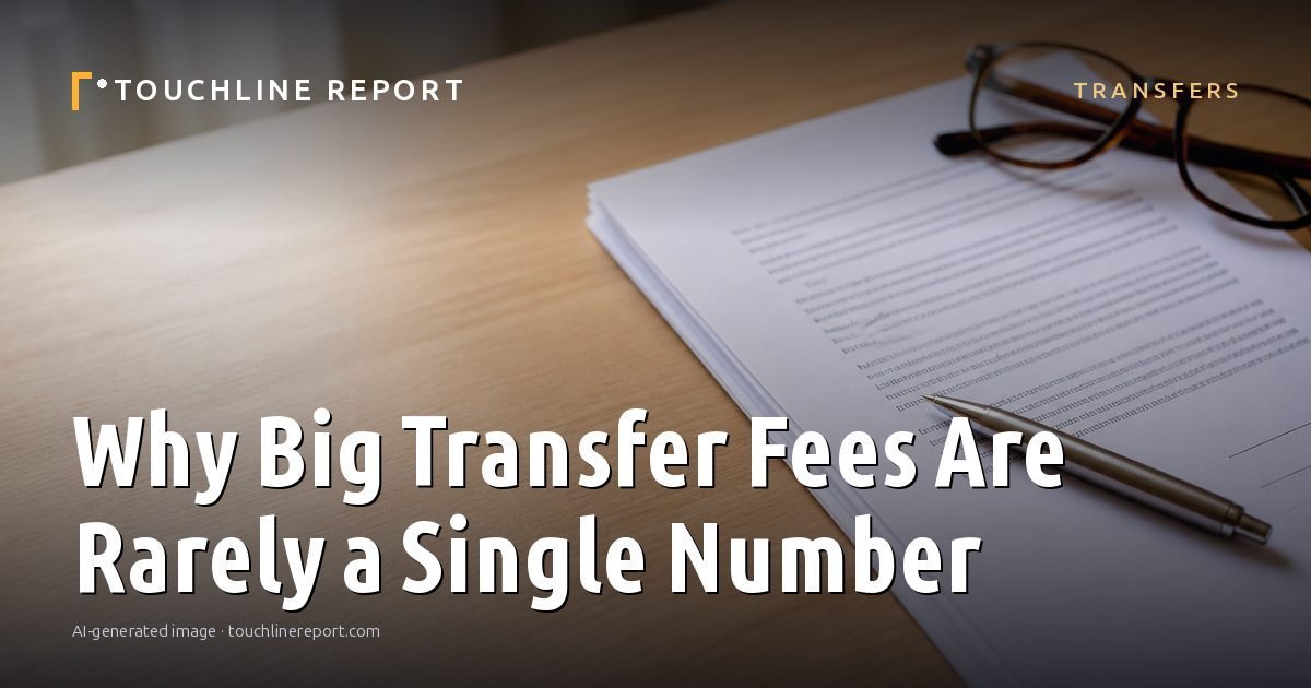 Illustration for the Transfers article “Why Big Transfer Fees Are Rarely a Single Number”: an AI-generated editorial illustration showing a scene illustrating the subject of the article, with the headline set over it. Illustrative only, not a photograph of a real event.