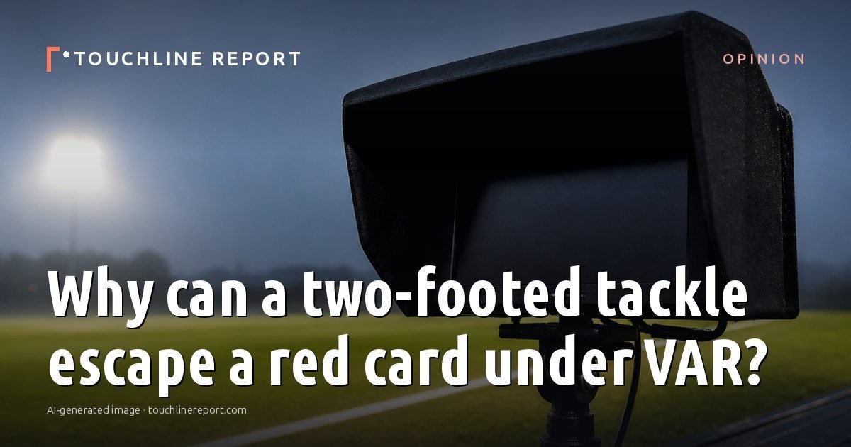 Illustration for the Opinion article “Why can a two-footed tackle escape a red card under VAR?”: an AI-generated editorial illustration showing a scene illustrating the subject of the article, with the headline set over it. Illustrative only, not a photograph of a real event.