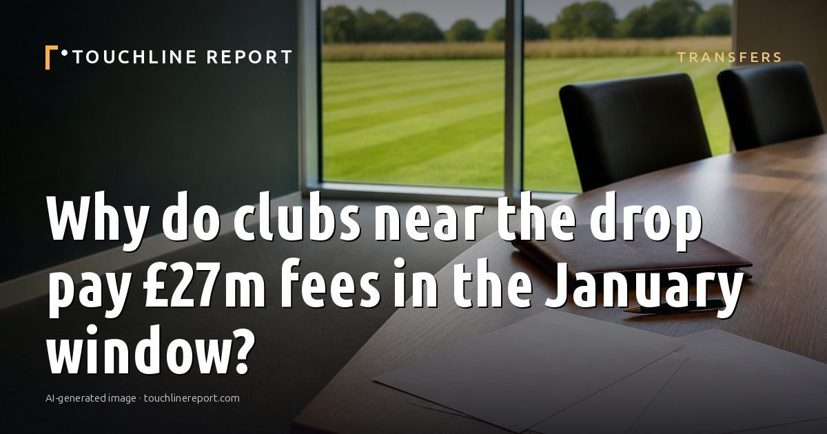 Illustration for the Transfers article “Why do clubs near the drop pay £27m fees in the January window?”: an AI-generated editorial illustration showing a scene illustrating the subject of the article, with the headline set over it. Illustrative only, not a photograph of a real event.