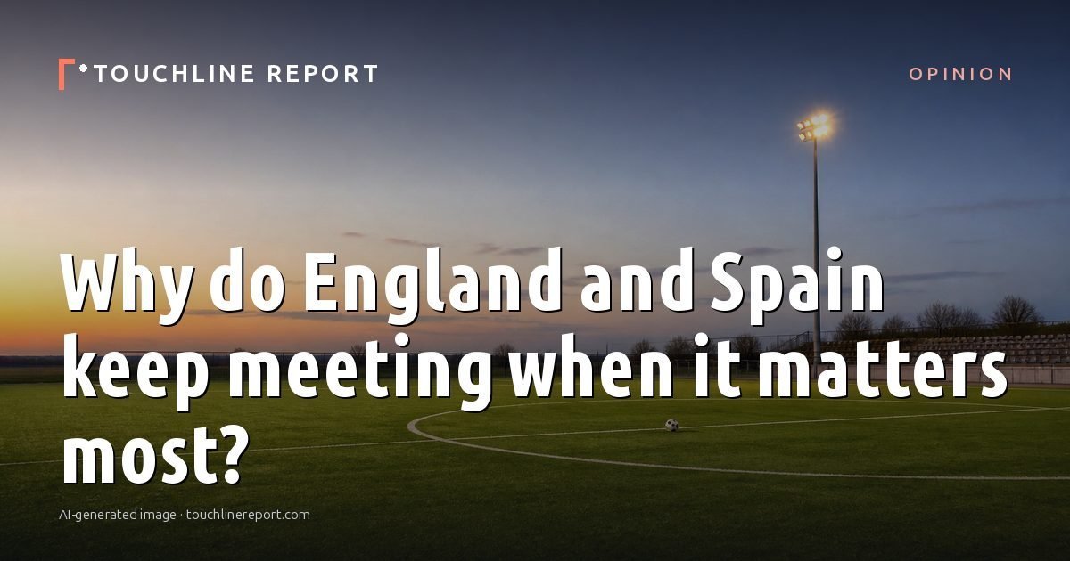 Illustration for the Opinion article “Why do England and Spain keep meeting when it matters most?”: an AI-generated editorial illustration showing an empty training ground at dawn with cones and markers laid out, with the headline set over it. Illustrative only, not a photograph of a real event.