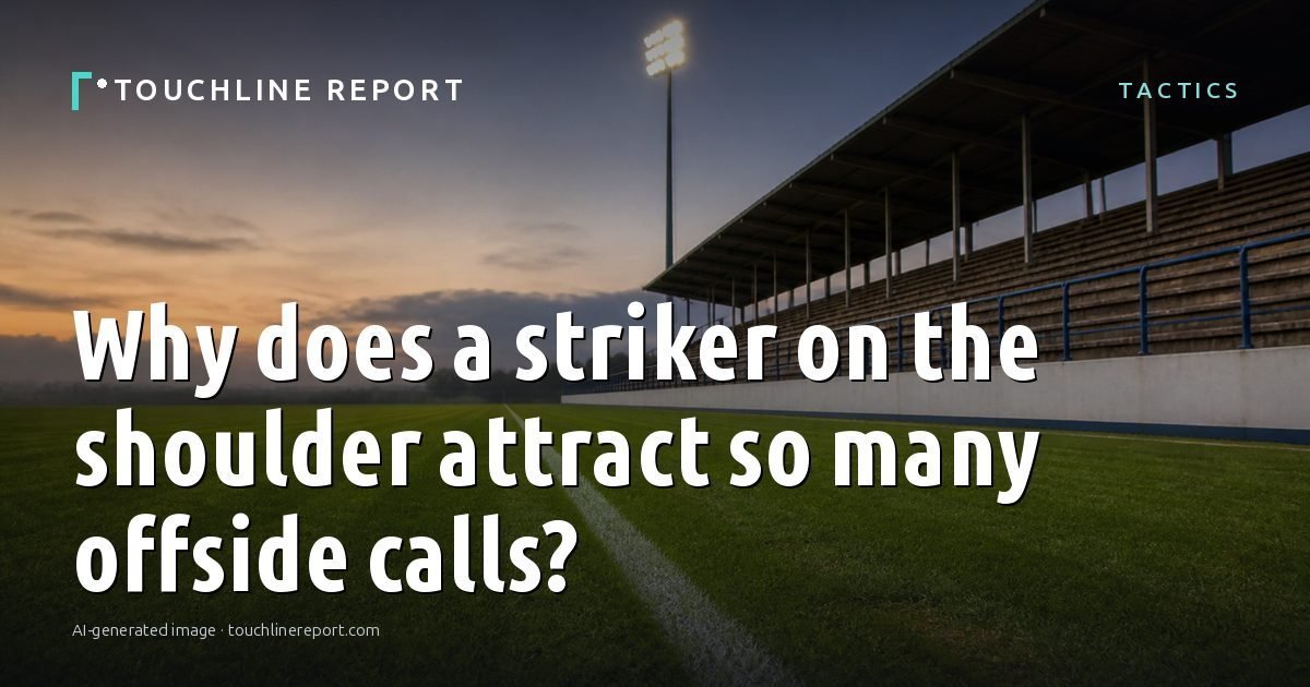 Illustration for the Tactics article “Why does a striker on the shoulder attract so many offside calls?”: an AI-generated editorial illustration showing a scene illustrating the subject of the article, with the headline set over it. Illustrative only, not a photograph of a real event.