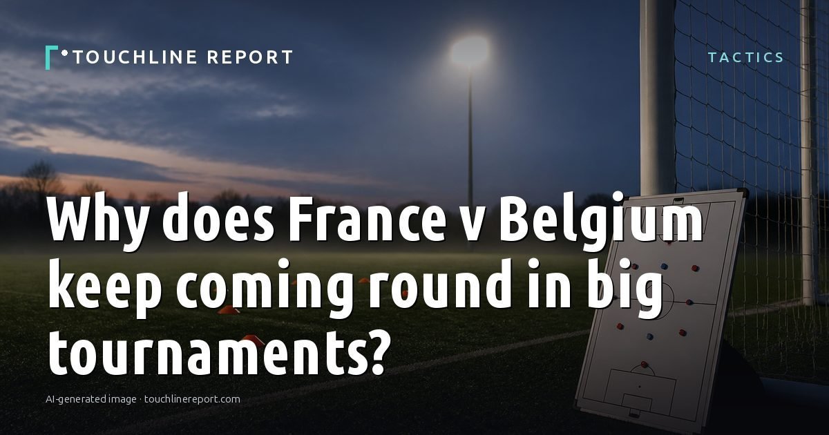 Illustration for the Tactics article “Why does France v Belgium keep coming round in big tournaments?”: an AI-generated editorial illustration showing an empty training ground at dawn with cones and markers laid out, with the headline set over it. Illustrative only, not a photograph of a real event.