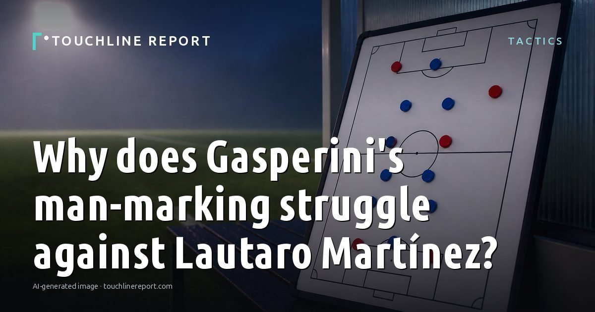 Illustration for the Tactics article “Why does Gasperini's man-marking struggle against Lautaro Martínez?”: an AI-generated editorial illustration showing a scene illustrating the subject of the article, with the headline set over it. Illustrative only, not a photograph of a real event.