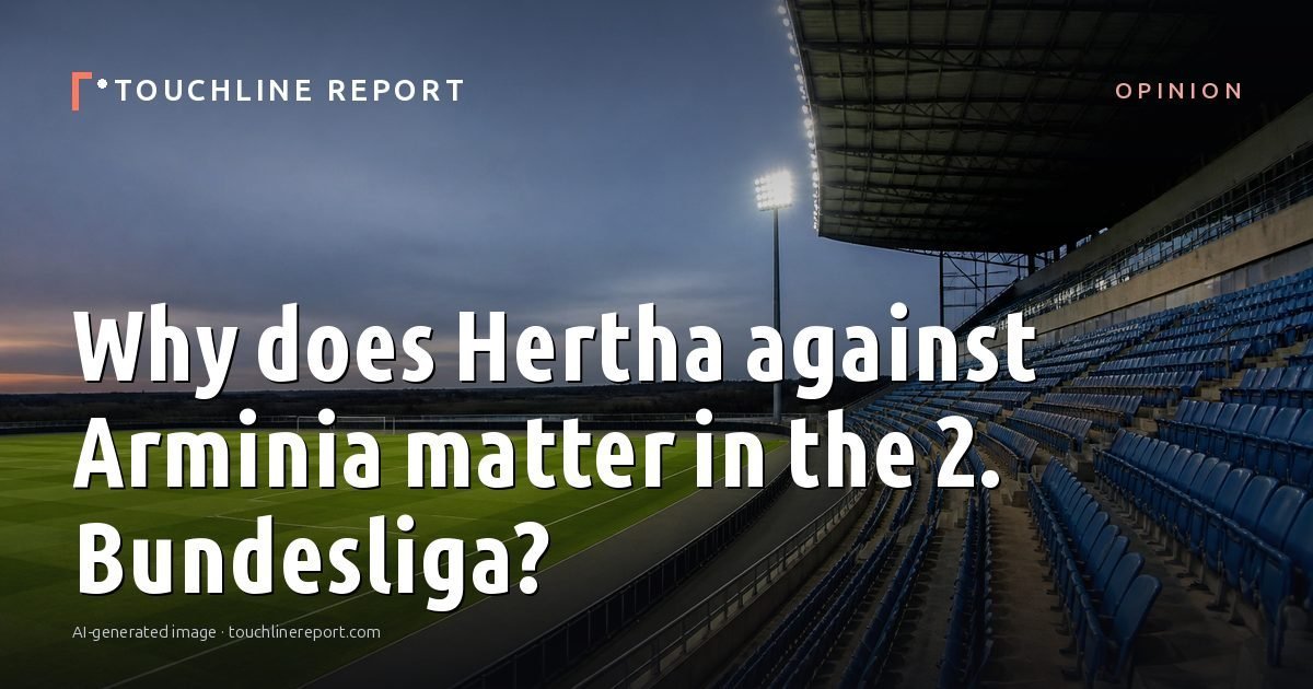 Illustration for the Opinion article “Why does Hertha against Arminia matter in the 2. Bundesliga?”: an AI-generated editorial illustration showing an empty training ground at dawn with cones and markers laid out, with the headline set over it. Illustrative only, not a photograph of a real event.