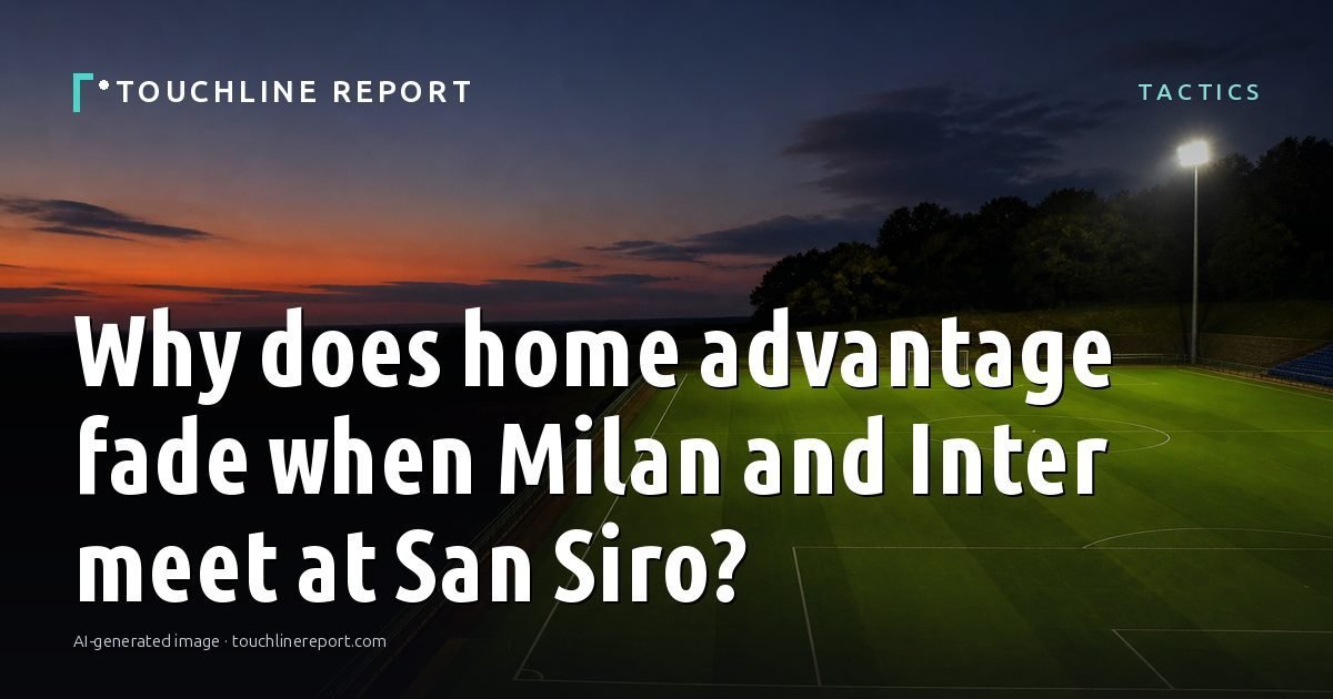 Illustration for the Tactics article “Why does home advantage fade when Milan and Inter meet at San Siro?”: an AI-generated editorial illustration showing a scene illustrating the subject of the article, with the headline set over it. Illustrative only, not a photograph of a real event.