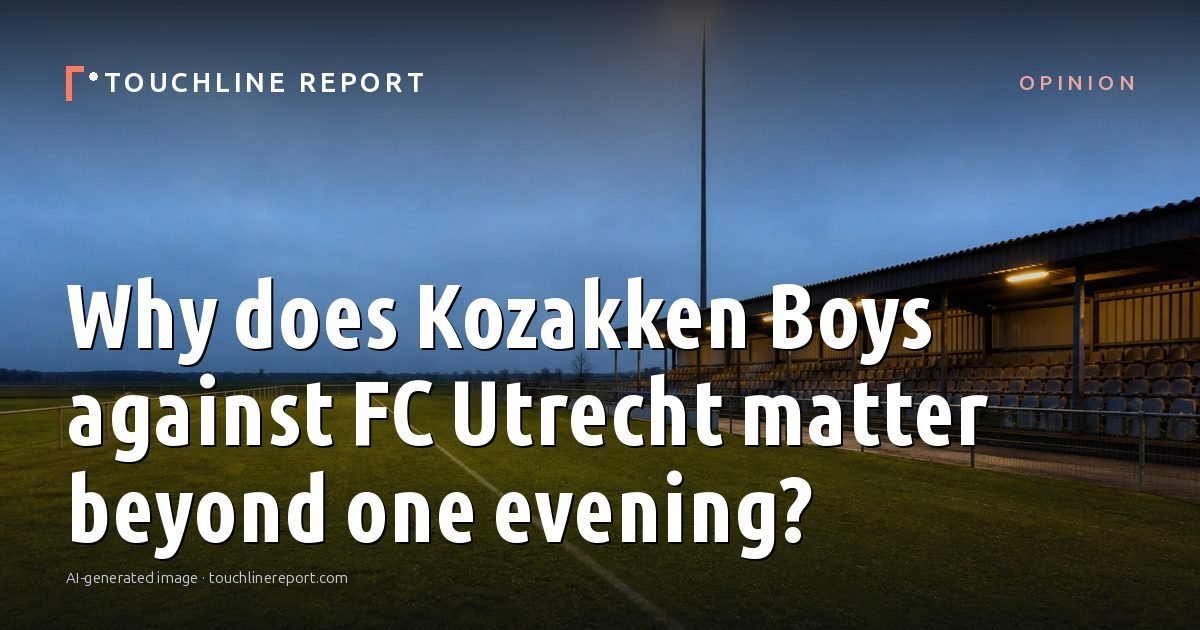 Illustration for the Opinion article “Why does Kozakken Boys against FC Utrecht matter beyond one evening?”: an AI-generated editorial illustration showing an empty training ground at dawn with cones and markers laid out, with the headline set over it. Illustrative only, not a photograph of a real event.