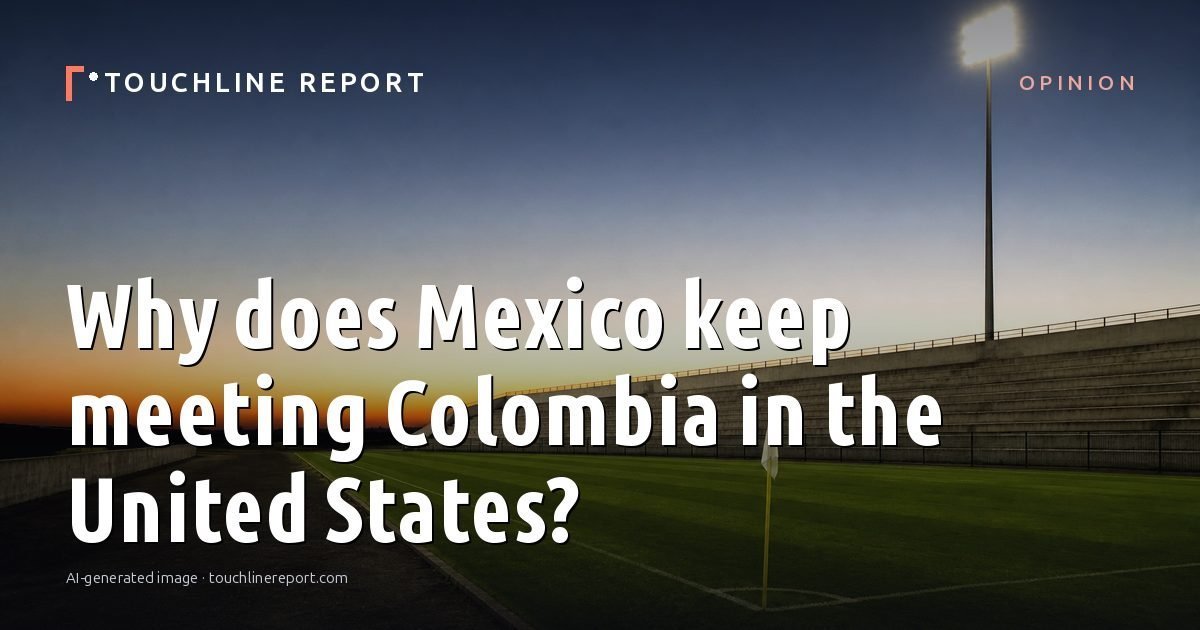 Illustration for the Opinion article “Why does Mexico keep meeting Colombia in the United States?”: an AI-generated editorial illustration showing a scene illustrating the subject of the article, with the headline set over it. Illustrative only, not a photograph of a real event.