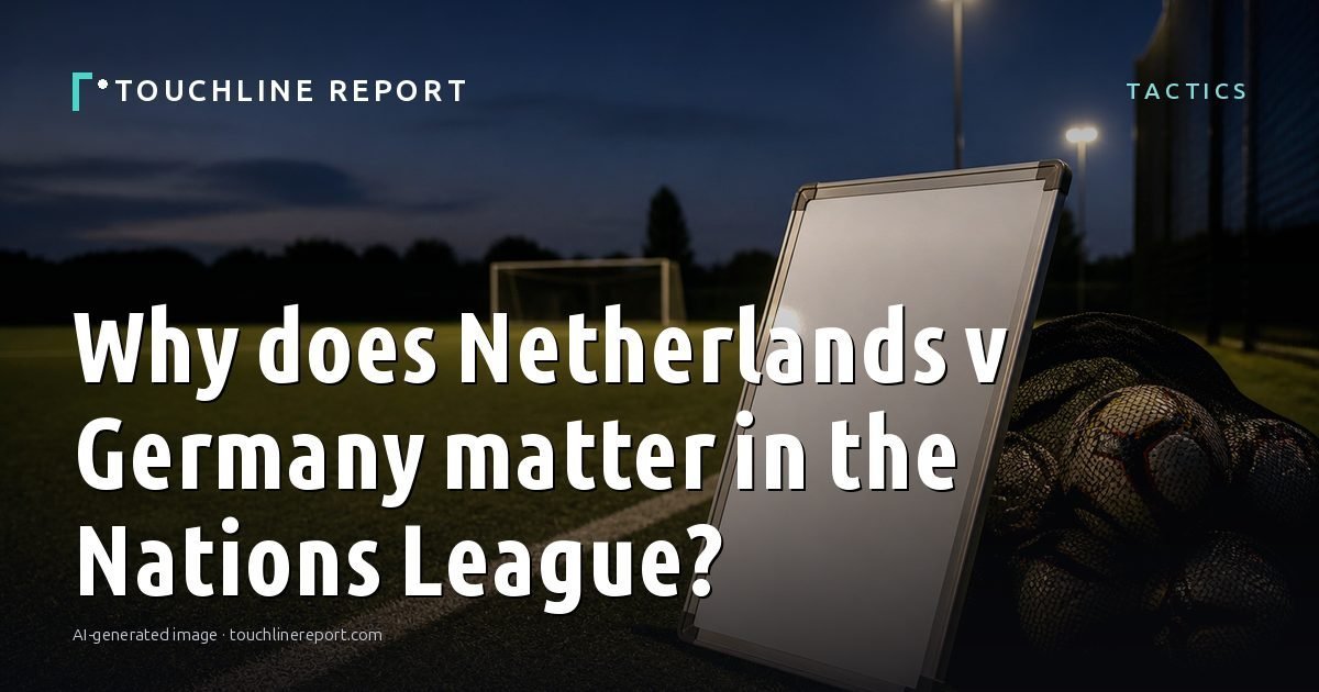 Illustration for the Tactics article “Why does Netherlands v Germany matter in the Nations League?”: an AI-generated editorial illustration showing an empty training ground at dawn with cones and markers laid out, with the headline set over it. Illustrative only, not a photograph of a real event.