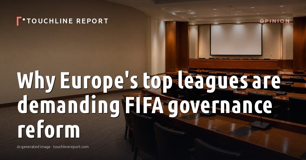 Illustration for the Opinion article “Why Europe's top leagues are demanding FIFA governance reform”: an AI-generated editorial illustration showing an empty training ground at dawn with cones and markers laid out, with the headline set over it. Illustrative only, not a photograph of a real event.