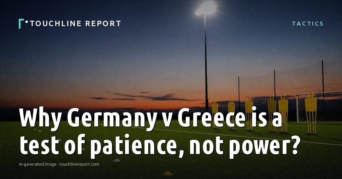 Illustration for the Tactics article “Why Germany v Greece is a test of patience, not power?”: an AI-generated editorial illustration showing an empty training ground at dawn with cones and markers laid out, with the headline set over it. Illustrative only, not a photograph of a real event.