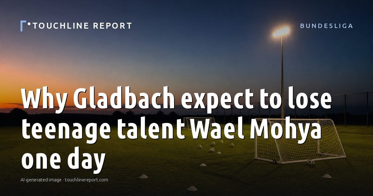 Illustration for the Bundesliga article “Why Gladbach expect to lose teenage talent Wael Mohya one day”: an AI-generated editorial illustration showing a scene illustrating the subject of the article, with the headline set over it. Illustrative only, not a photograph of a real event.