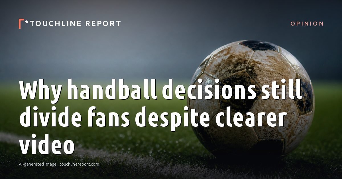 Illustration for the Opinion article “Why handball decisions still divide fans despite clearer video”: an AI-generated editorial illustration showing an empty training ground at dawn with cones and markers laid out, with the headline set over it. Illustrative only, not a photograph of a real event.