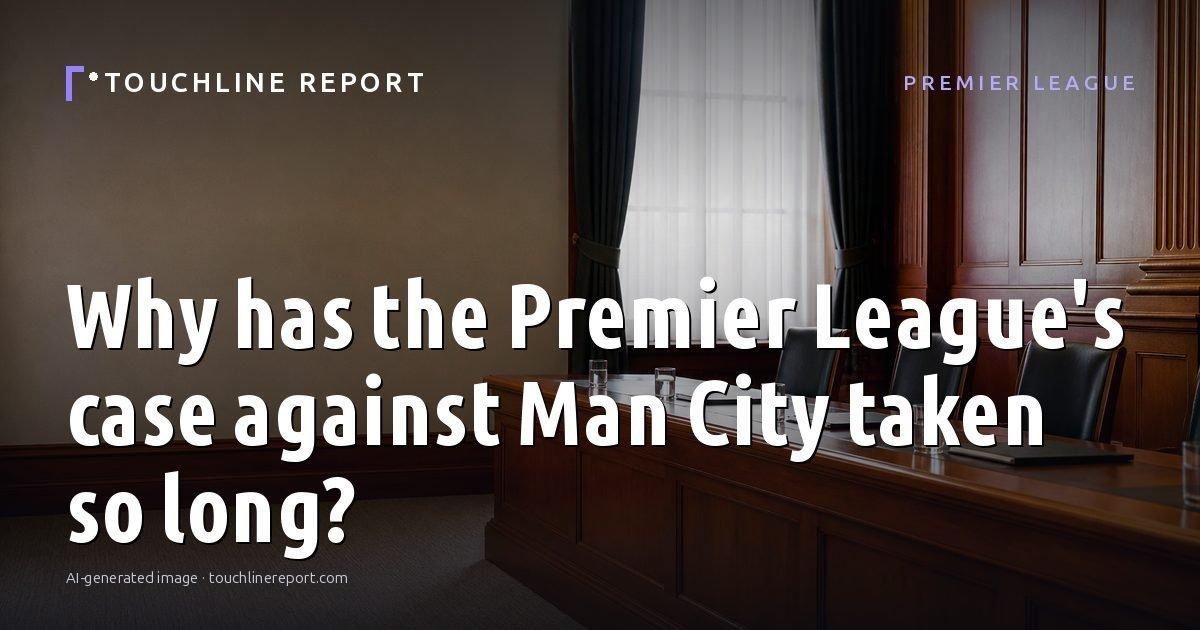 Illustration for the Premier League article “Why has the Premier League's case against Man City taken so long?”: an AI-generated editorial illustration showing an empty training ground at dawn with cones and markers laid out, with the headline set over it. Illustrative only, not a photograph of a real event.