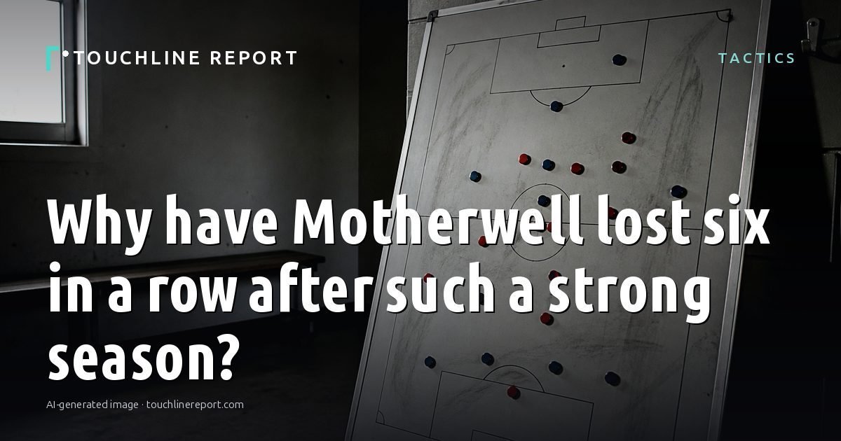 Illustration for the Tactics article “Why have Motherwell lost six in a row after such a strong season?”: an AI-generated editorial illustration showing an empty training ground at dawn with cones and markers laid out, with the headline set over it. Illustrative only, not a photograph of a real event.