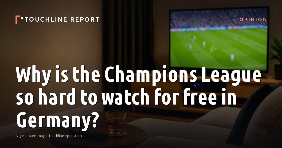 Illustration for the Opinion article “Why is the Champions League so hard to watch for free in Germany?”: an AI-generated editorial illustration showing a stadium crowd seen from high above, lights arranged in coordinated patterns, with the headline set over it. Illustrative only, not a photograph of a real event.