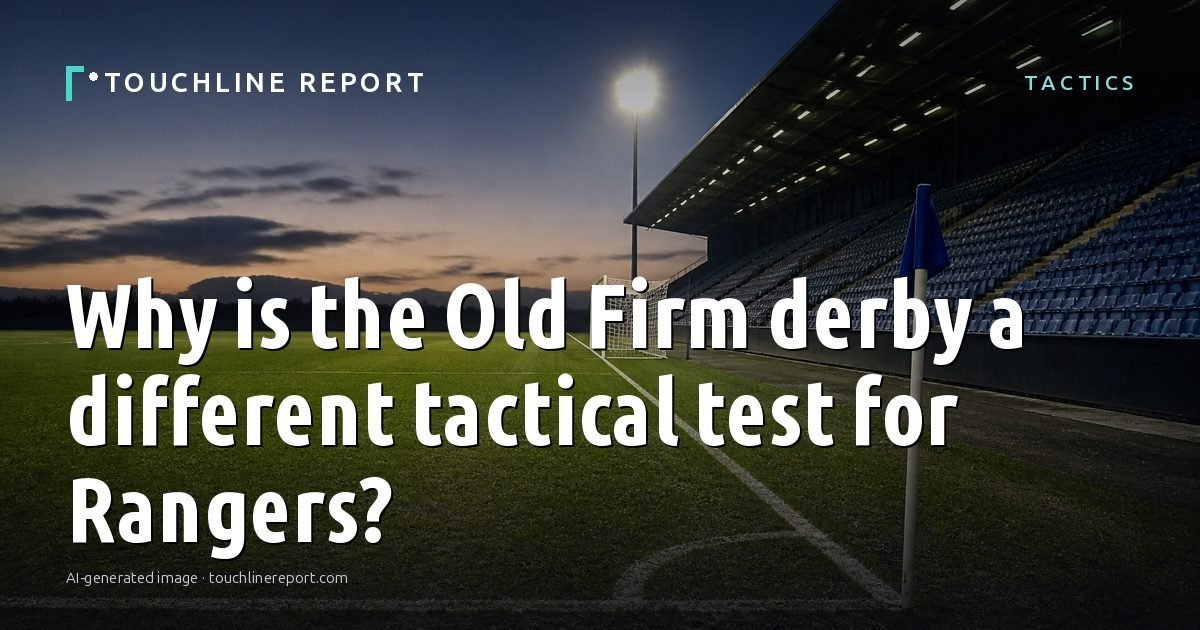 Illustration for the Tactics article “Why is the Old Firm derby a different tactical test for Rangers?”: an AI-generated editorial illustration showing a scene illustrating the subject of the article, with the headline set over it. Illustrative only, not a photograph of a real event.