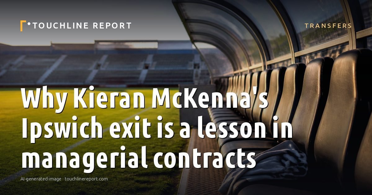 Illustration for the Transfers article “Why Kieran McKenna's Ipswich exit is a lesson in managerial contracts”: an AI-generated editorial illustration showing a scene illustrating the subject of the article, with the headline set over it. Illustrative only, not a photograph of a real event.