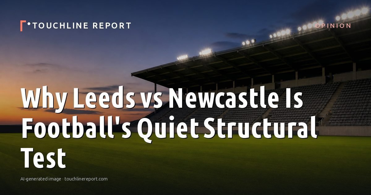 Illustration for the Opinion article “Why Leeds vs Newcastle Is Football's Quiet Structural Test”: an AI-generated editorial illustration showing an empty training ground at dawn with cones and markers laid out, with the headline set over it. Illustrative only, not a photograph of a real event.