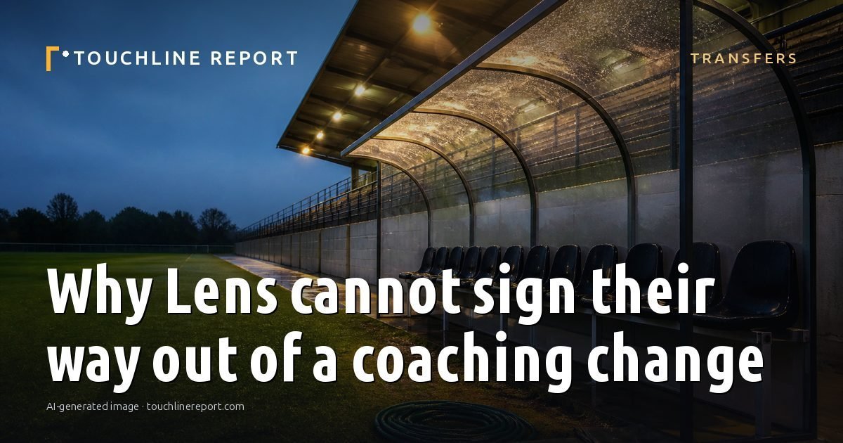 Illustration for the Transfers article “Why Lens cannot sign their way out of a coaching change”: an AI-generated editorial illustration showing an empty training ground at dawn with cones and markers laid out, with the headline set over it. Illustrative only, not a photograph of a real event.