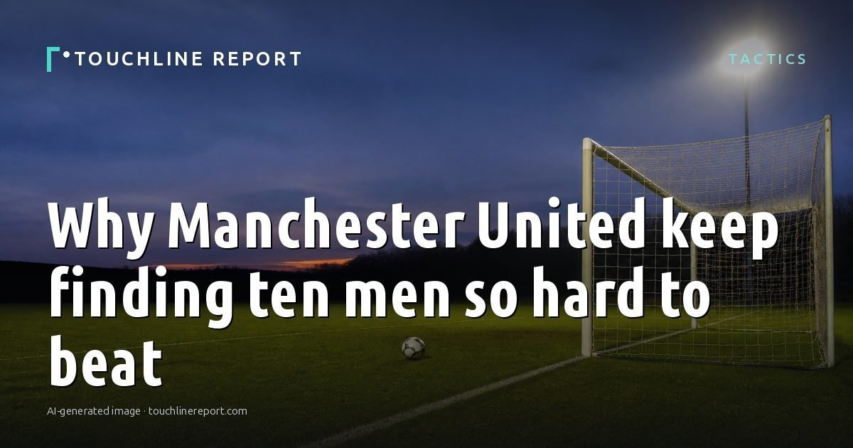 Illustration for the Tactics article “Why Manchester United keep finding ten men so hard to beat”: an AI-generated editorial illustration showing a scene illustrating the subject of the article, with the headline set over it. Illustrative only, not a photograph of a real event.