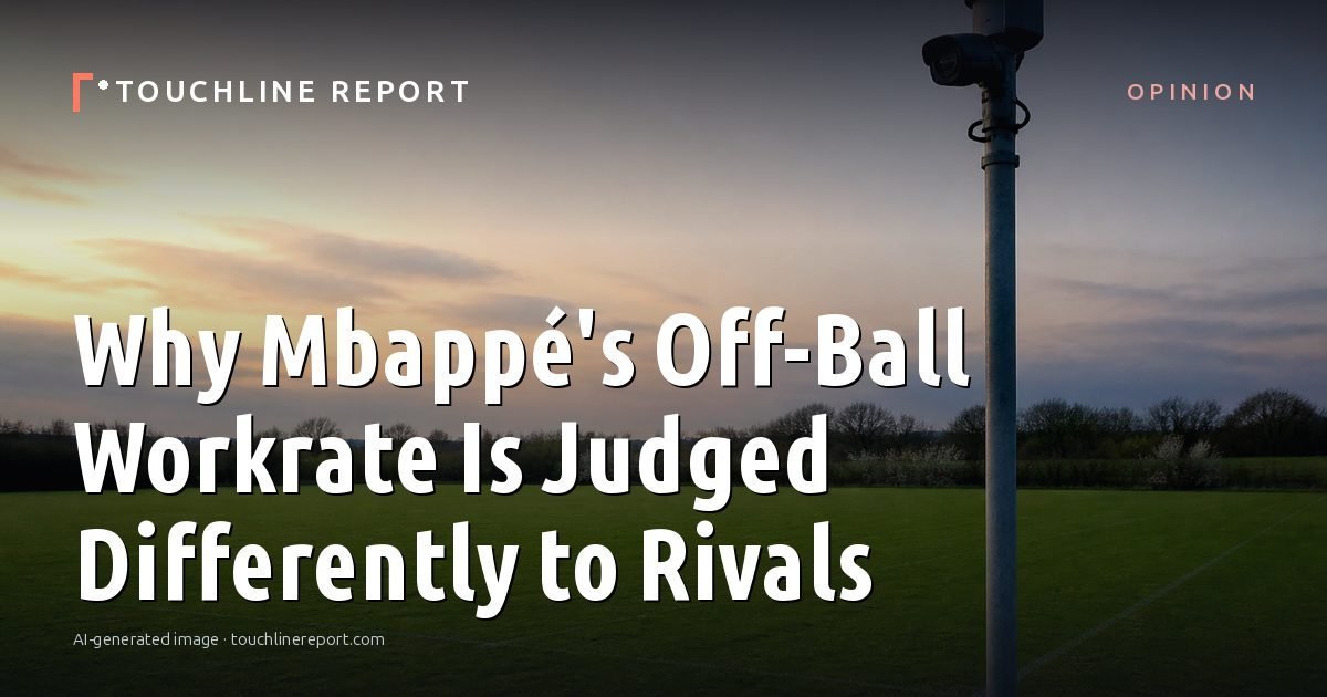 Illustration for the Opinion article “Why Mbappé's Off-Ball Workrate Is Judged Differently to Rivals”: an AI-generated editorial illustration showing an empty training ground at dawn with cones and markers laid out, with the headline set over it. Illustrative only, not a photograph of a real event.