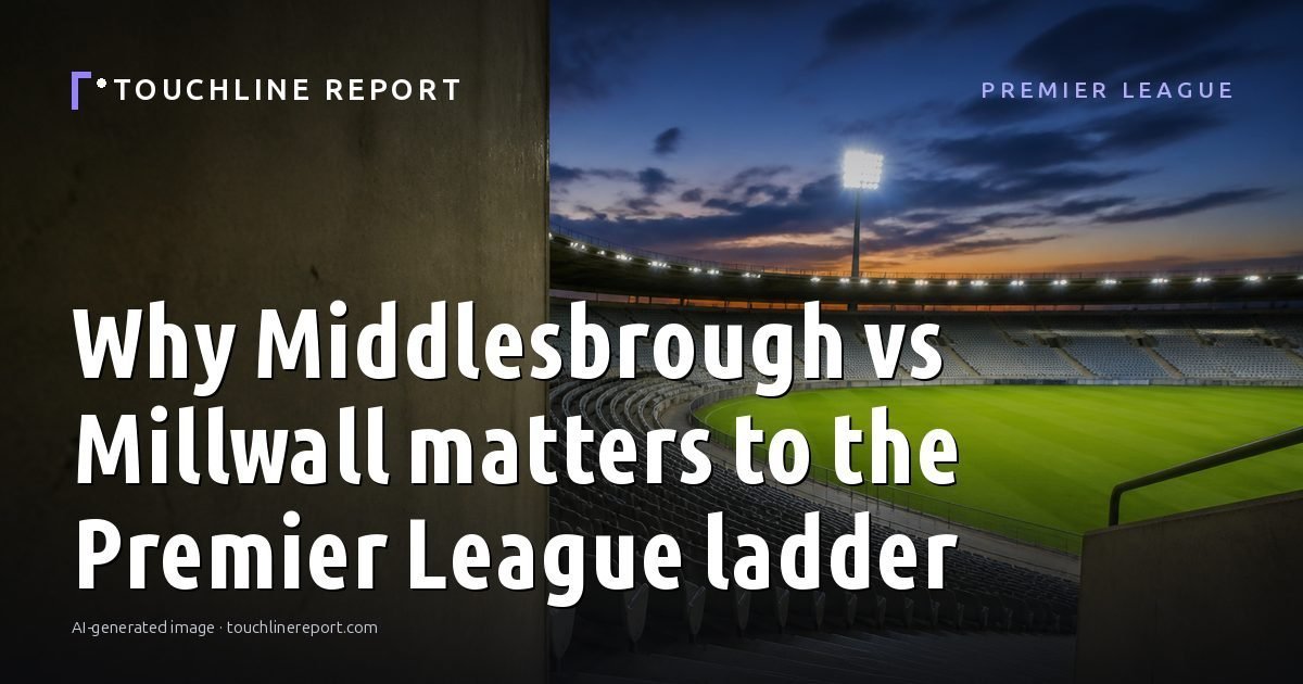Illustration for the Premier League article “Why Middlesbrough vs Millwall matters to the Premier League ladder”: an AI-generated editorial illustration showing an empty training ground at dawn with cones and markers laid out, with the headline set over it. Illustrative only, not a photograph of a real event.