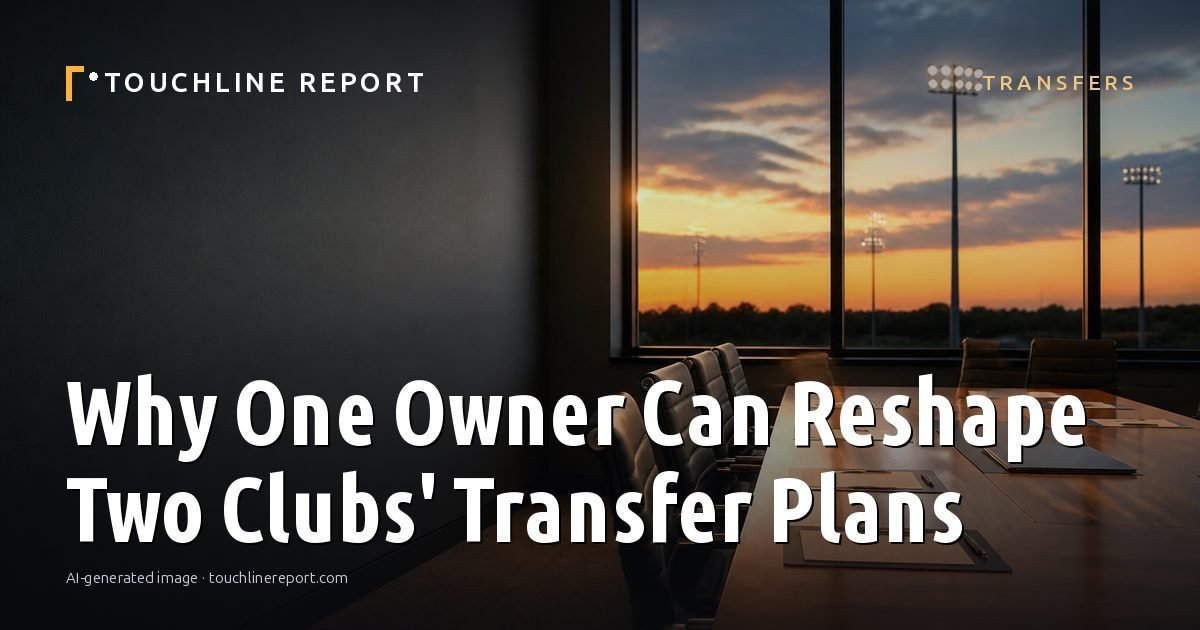 Illustration for the Transfers article “Why One Owner Can Reshape Two Clubs' Transfer Plans”: an AI-generated editorial illustration showing an empty training ground at dawn with cones and markers laid out, with the headline set over it. Illustrative only, not a photograph of a real event.