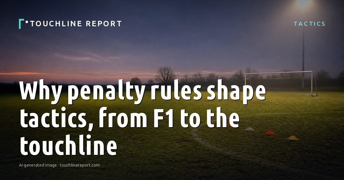 Illustration for the Tactics article “Why penalty rules shape tactics, from F1 to the touchline”: an AI-generated editorial illustration showing a scene illustrating the subject of the article, with the headline set over it. Illustrative only, not a photograph of a real event.