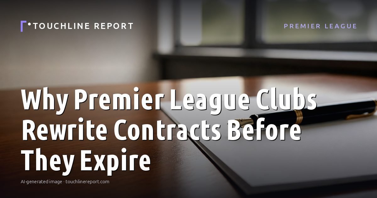 Illustration for the Premier League article “Why Premier League Clubs Rewrite Contracts Before They Expire”: an AI-generated editorial illustration showing a scene illustrating the subject of the article, with the headline set over it. Illustrative only, not a photograph of a real event.