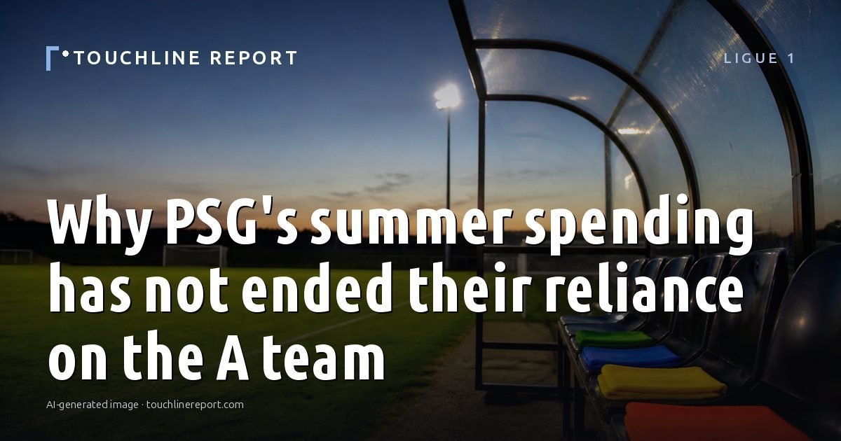 Illustration for the Ligue 1 article “Why PSG's summer spending has not ended their reliance on the A team”: an AI-generated editorial illustration showing a scene illustrating the subject of the article, with the headline set over it. Illustrative only, not a photograph of a real event.