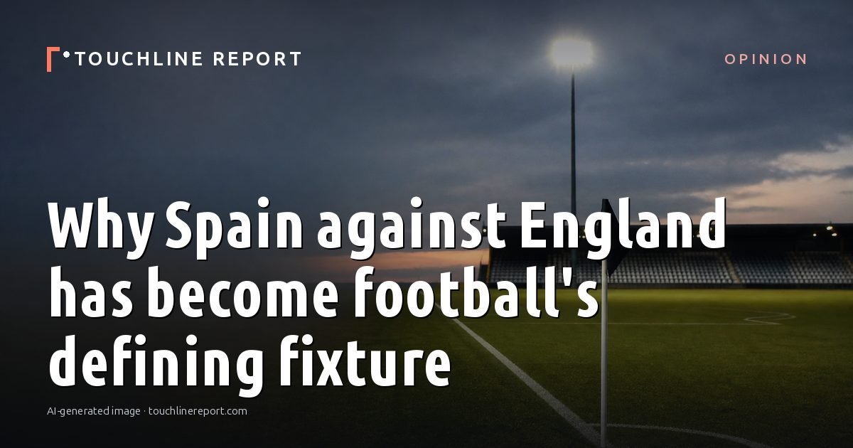 Illustration for the Opinion article “Why Spain against England has become football's defining fixture”: an AI-generated editorial illustration showing an empty training ground at dawn with cones and markers laid out, with the headline set over it. Illustrative only, not a photograph of a real event.